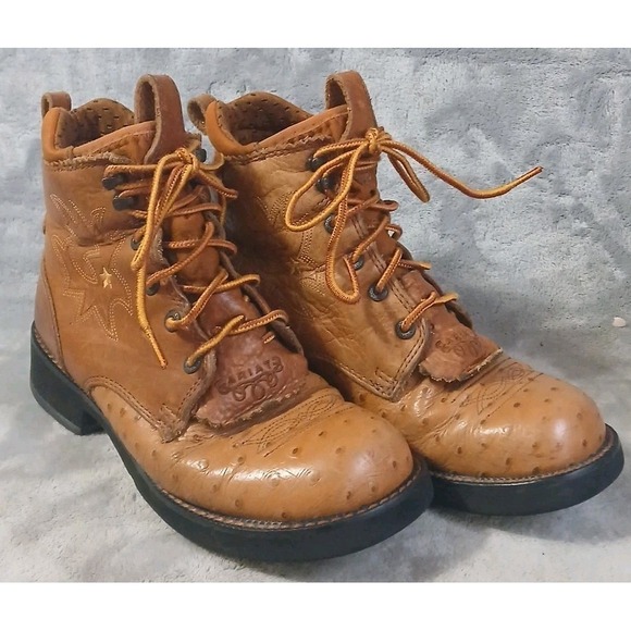 Ariat Shoes - Ariat Tan Leather Ostrich Womens Boots 6 M Lace Up Western 16303 Farm Work READ